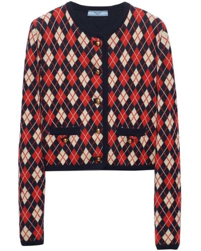Prada Argyle-knit Cotton Cardigan - Red