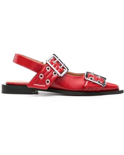 Ganni Wide Welt Buckled Ballerina Shoes - Red