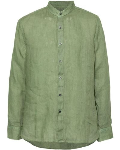 120% Lino Band-collar Linen Shirt - Green