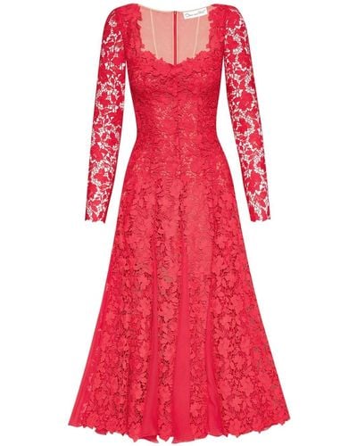 Oscar de la Renta Guipure-lace Long-sleeve Midi Dress - Red