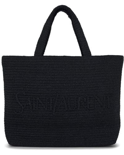 Saint Laurent Crochet Raffia Tote Bag In - Black