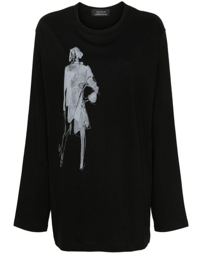 Yohji Yamamoto T-shirt Met Print En Lange Mouwen - Zwart