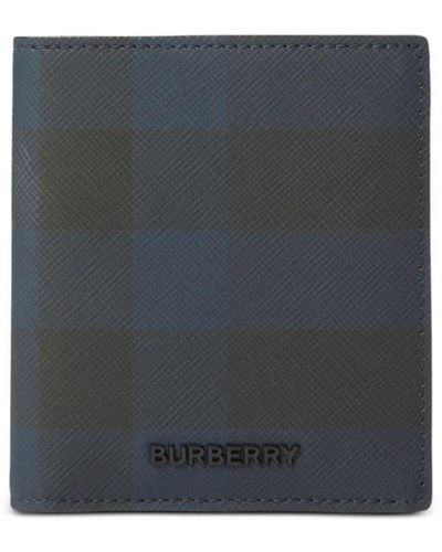 Burberry Checked Bi-fold Leather Wallet - Blue