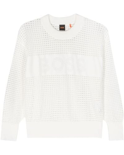 BOSS Pullover mit perforiertem Logo - Weiß
