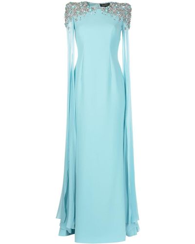 Jenny Packham Jenna Embellished Cape Chiffon Gown - Blue