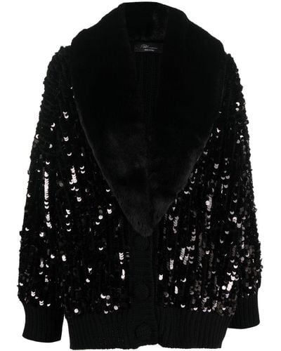 Blumarine Sequin-embellished Faux-fur Trim Cardigan - Black