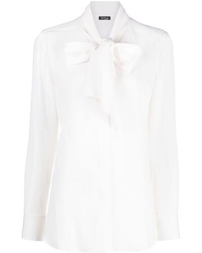 Kiton Pussybow Long-sleeve Silk Blouse - White