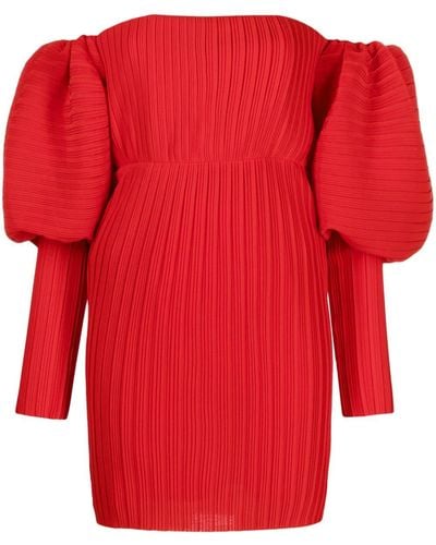 Solace London Puff-sleeve Plissé Minidress - Red