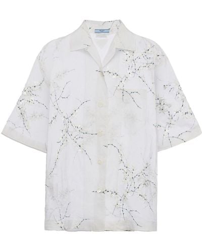 Prada Chemise en soie transparente à fleurs brodées - Blanc