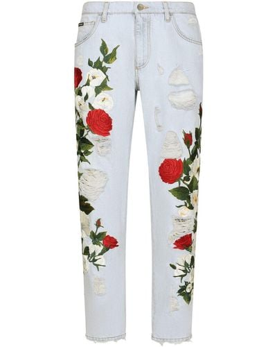 Dolce & Gabbana Distressed Floral-print Jeans - White