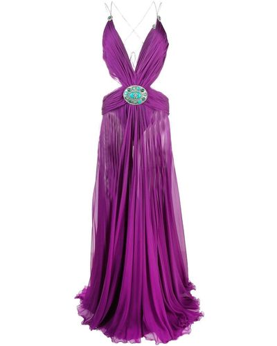 Roberto Cavalli Pleated Silk V-neck Gown - Purple