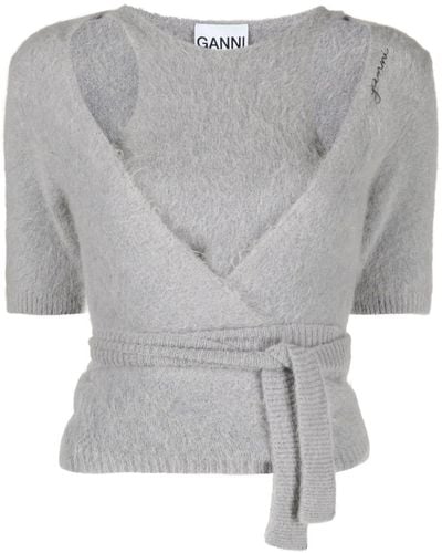 Ganni Layered Brushed-effect Knitted Cardigan - Gray