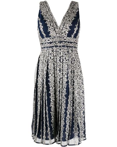 Marchesa Filigree-embroidered Tulle Midi Dress - Blue