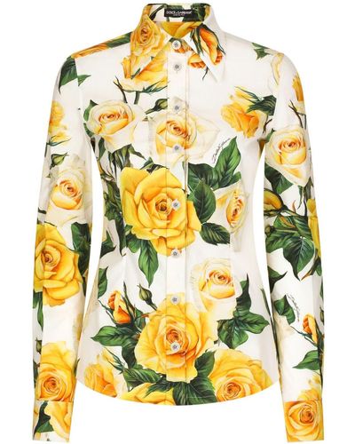 Dolce & Gabbana Long-sleeved cotton shirt with yellow rose print - Jaune