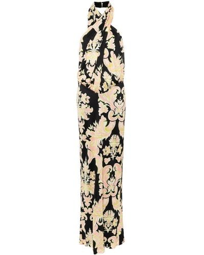 Etro Long Dress With Paisley Print And Open Back - Metallic