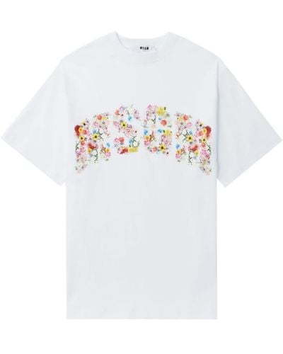 MSGM Floral Cotton Crew Neck T-shirt - White