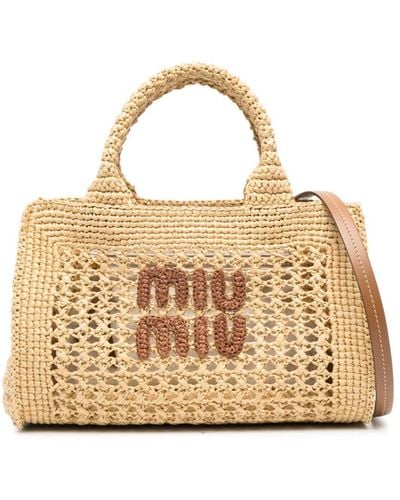 Miu Miu Logo-embroidered Raffia Tote Bag - Metallic