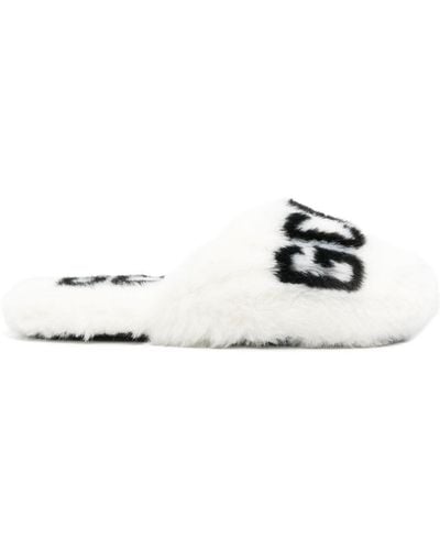 Gcds Logo-print Faux-fur Slippers - White