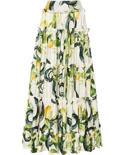 Roberto Cavalli Lemon-print Maxi Full Skirt - Green