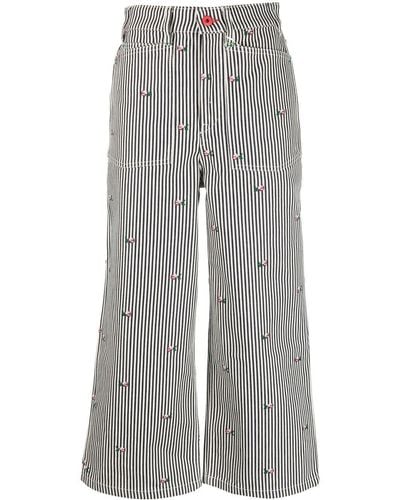 KENZO Floral Embroidered Striped Cropped Jeans - Grey