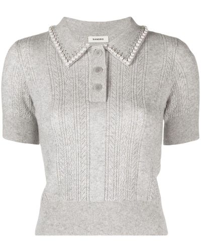 Sandro Faux-pearl-embellished Wool-blend Polo Shirt - Gray