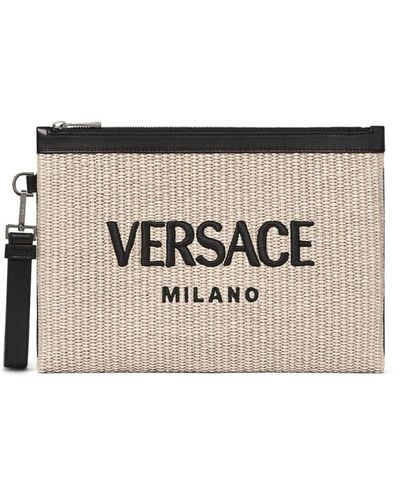 Versace Logo-embroidered Raffia Clutch Bag - Naturel