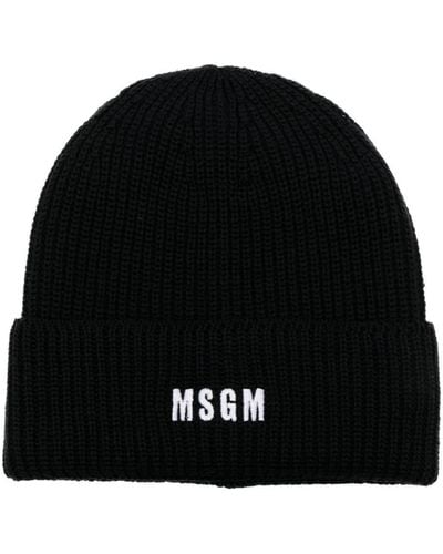 MSGM Gerippte Strickmütze mit Logo - Schwarz
