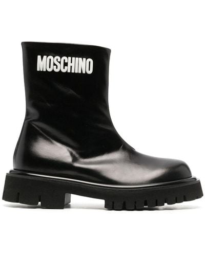 Moschino Embossed-logo Zipped Leather Boots - Black