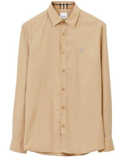 Burberry Logo-embroidered Long-sleeve Shirt - Natural