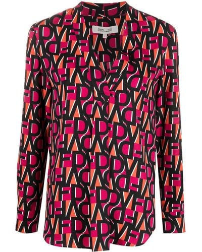 Diane von Furstenberg Monogram-print Long-sleeve Blouse - Red