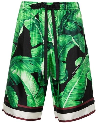 Dolce & Gabbana Leaves-Print Silk Shorts - Green