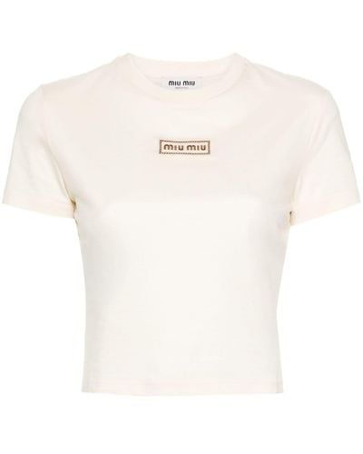 Miu Miu Cropped-T-Shirt mit Logo-Patch - Weiß