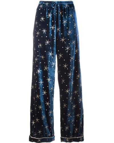 Valentino Star Embroidered Velvet Pajama Pants - Blue