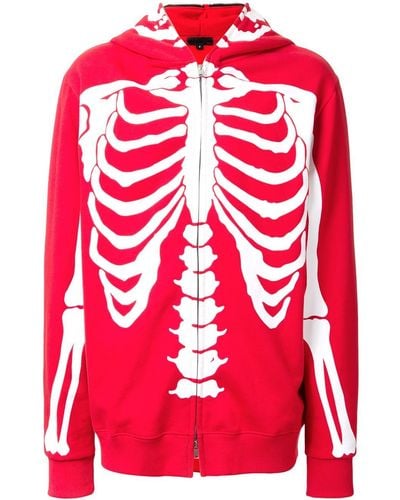 99% Is Skeleton Print Zipped Hoodie - Red
