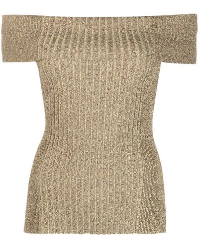 Ganni Ribbed-knit Off-shoulder Top - Brown