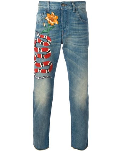 Gucci Snake Embroidered Slim-fit Jeans - Blue