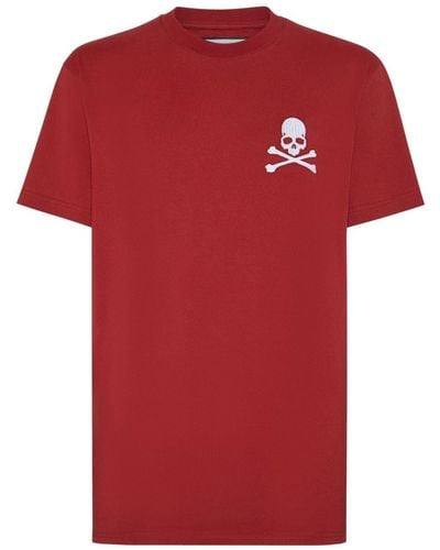 Philipp Plein Skull-embroidery Cotton T-shirt - Red