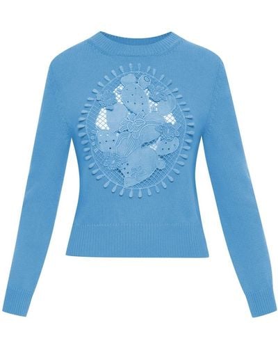 Oscar de la Renta Cactus-embroidered Fine-knit Sweater - Blue