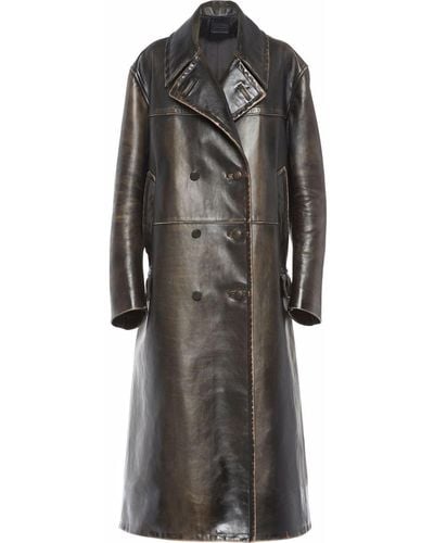 Prada Double-breasted Leather Coat - Black