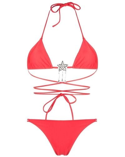 Alessandra Rich Bikini triangle à ornements en cristal - Rouge