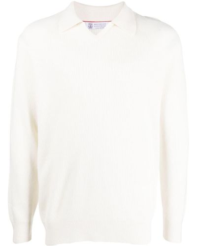 Brunello Cucinelli Spread-collar Ribbed-knit Sweater - White