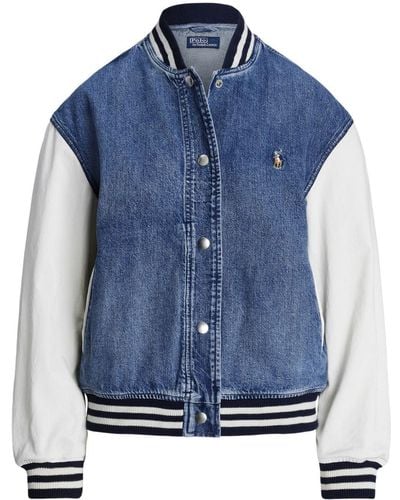 Ralph Lauren Contrast Stripe-trim Denim And Cotton-canvas Bomber Jacket X - Blue