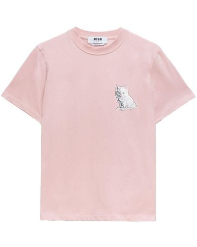 MSGM Cat-print Crew-neck T-shirt - Pink