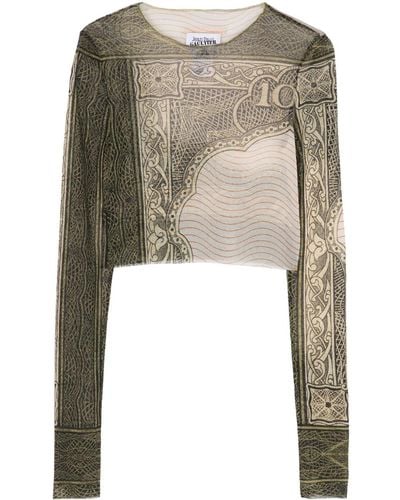 Jean Paul Gaultier Cartouche-print cropped tulle T-shirt - Schwarz