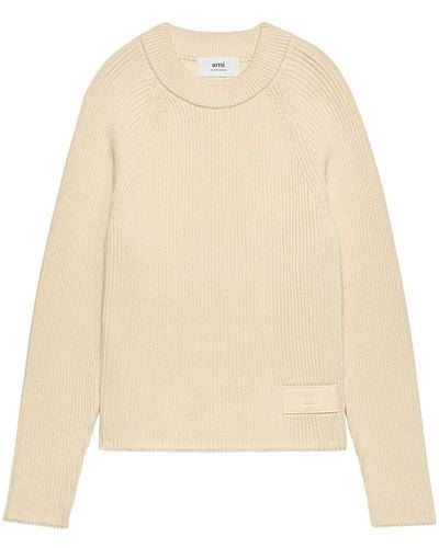 Ami Paris Logo-patch Knitted Sweater - Natural