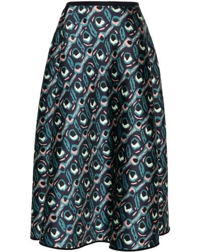 ODEEH Abstract-print Flared Midi Skirt - Blue