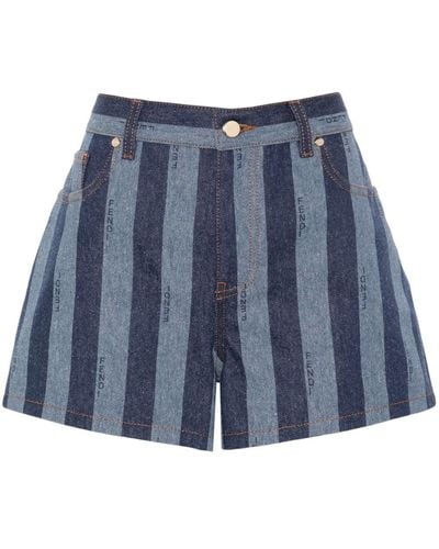 Fendi Pequin Striped Denim Shorts - Blue