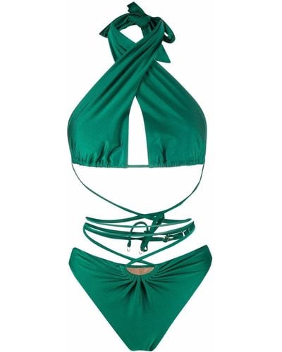 Noire Swimwear Lattice-strap Halterneck Swimsuit - Green