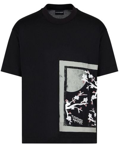 Emporio Armani Floral-embroidered Jersey T-shirt - Black