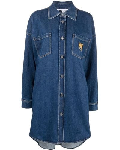 Moschino Teddy-patch Denim Shirt Dress - Blue